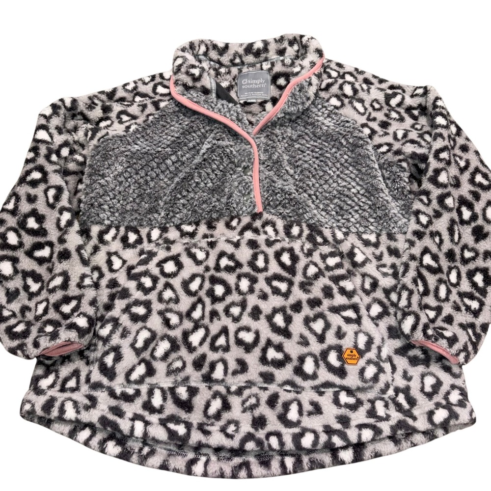 Leopard Print Sherpa Fleece Quarter Snap Pullover Womens XL Gray Simply Southern